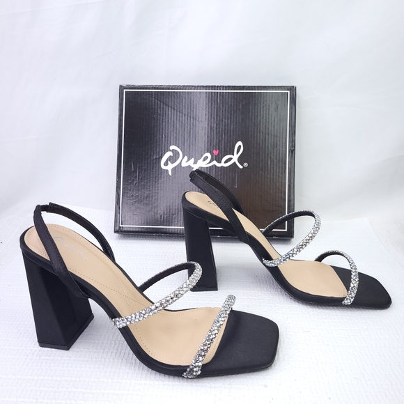 NEW Qupid Kancy 4" Tall Block Heels Rhinestone Straps Black Satin Shoes - Picture 1 of 9